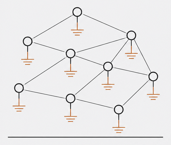 A mesh of equal peer nodes, each grounding into a shared baseline — no central hub.